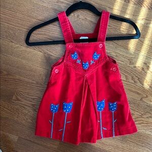 Vintage Red 3T Toddler Dress with Blue Floral Embroidery Tulips